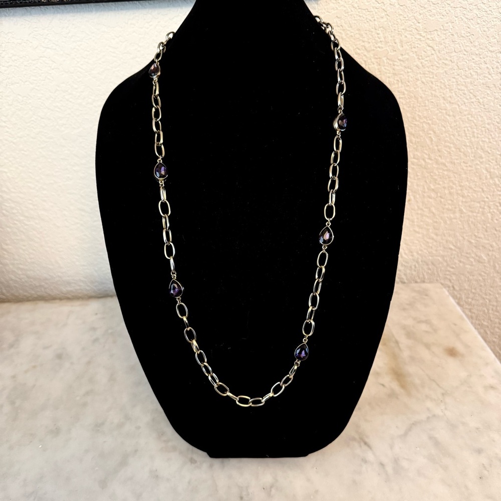 Teardrop Purple Stone‎ Stationed On A Silver Tone 34” Costume Necklace